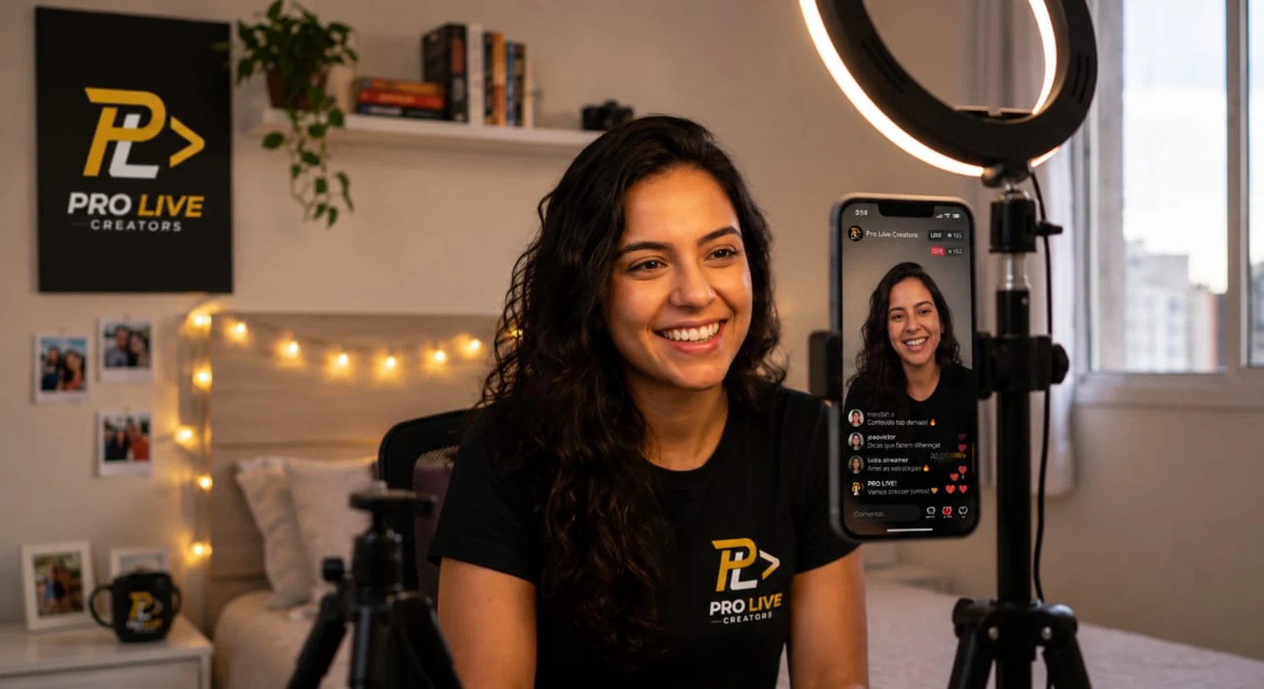 Criadora fazendo live no TikTok com ring light, celular em transmissão e a marca Pro Live Creators no quarto