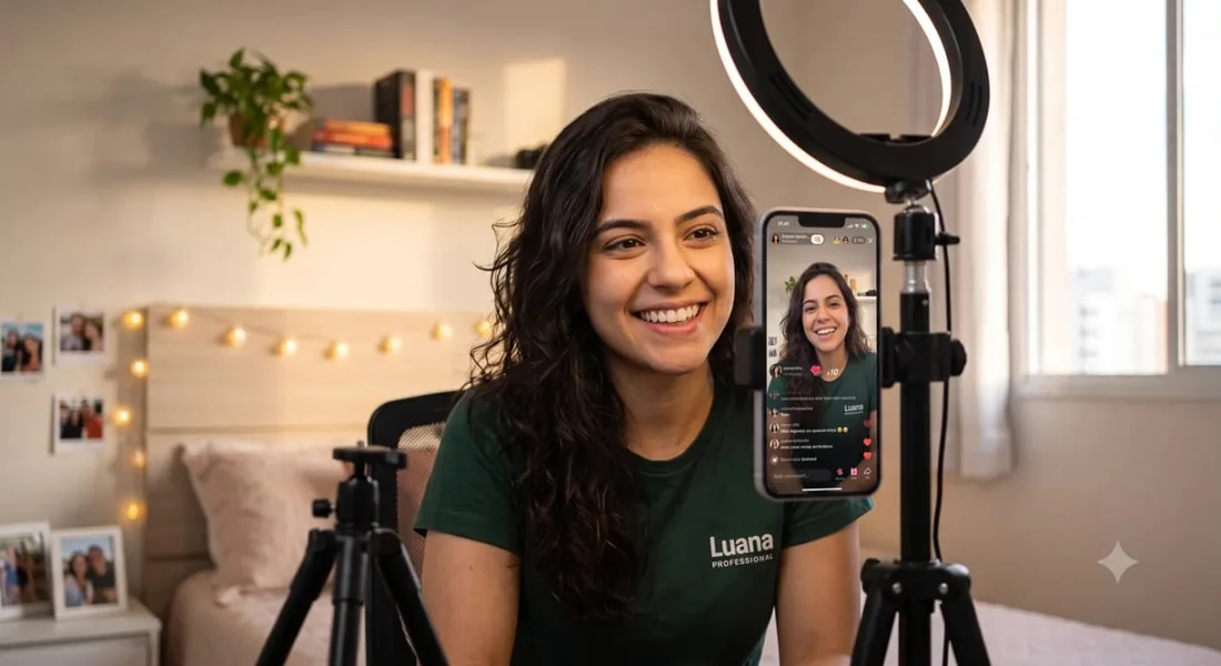 Streamer sorridente e confiante durante a live, sentindo o apoio da equipe Pro Live Creators